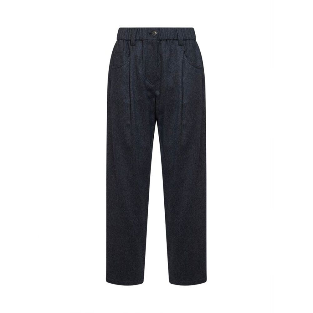 Brunello Cucinelli Women Anthracite Wool Flannel Baggy Trousers With Monili